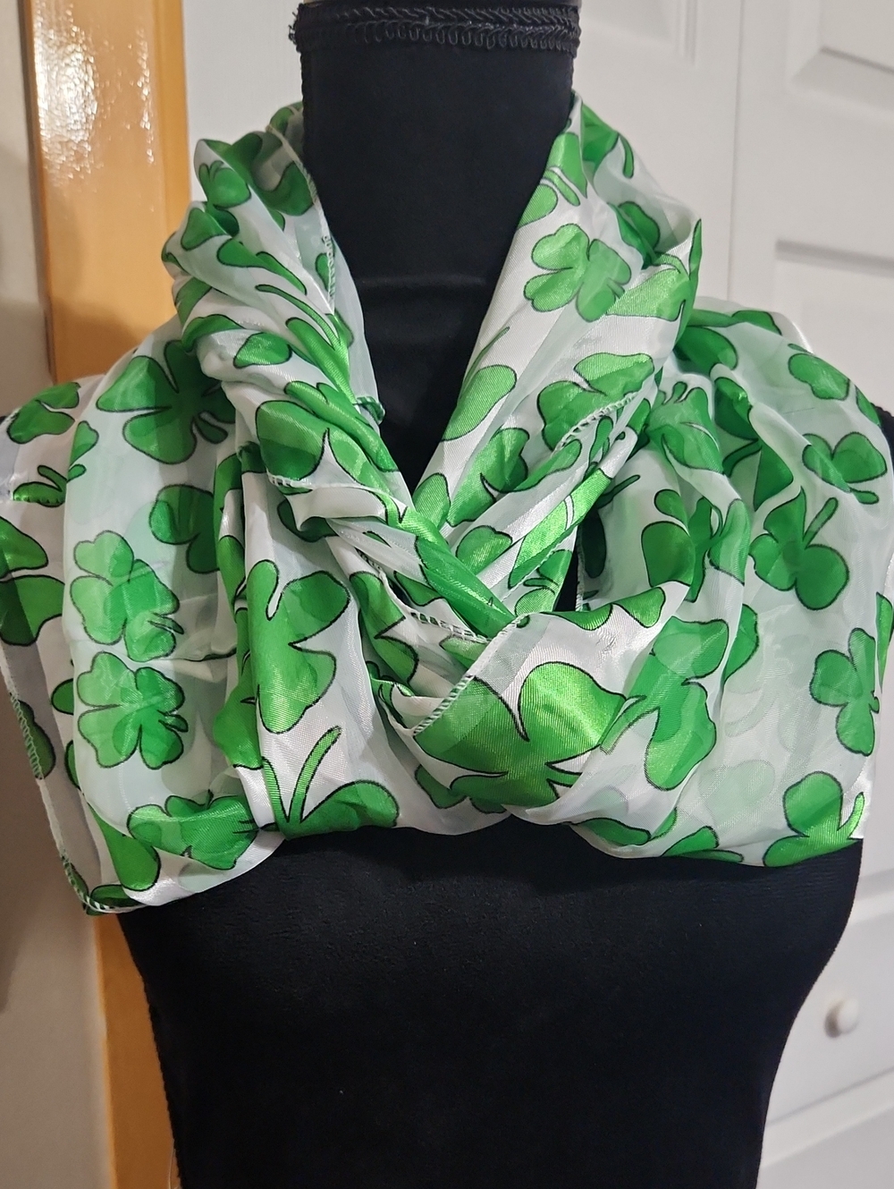 Sheer White Scarf with Green Clover Motif